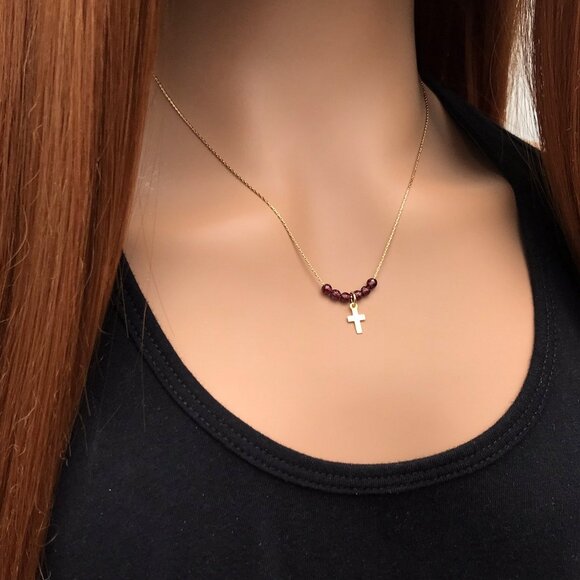 Beaded Cross necklace, gold, Easter gift, Christian gift, minimalist, gemstone, - Picture 2 of 6